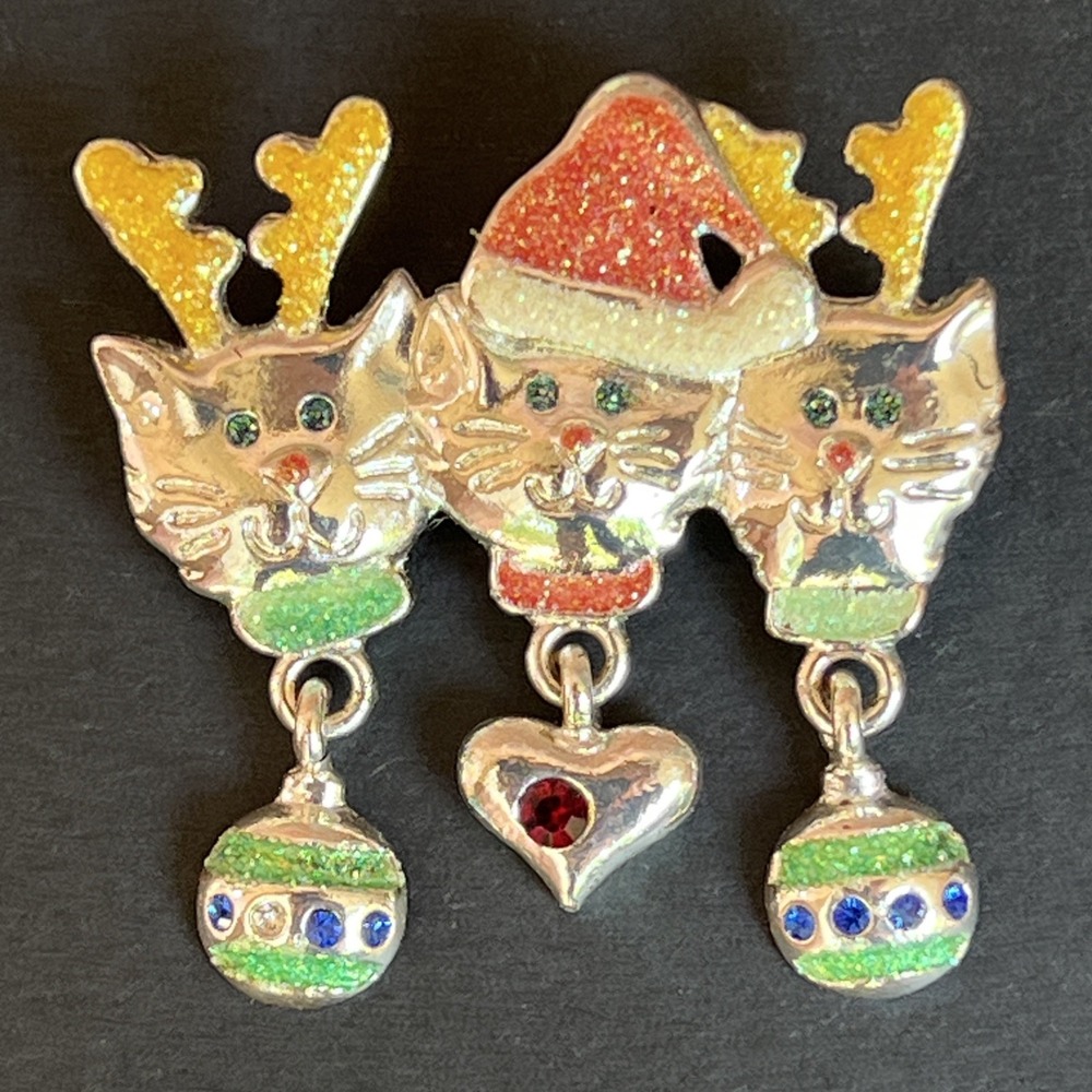 Vtg AJMC 3 Cat Pewter Pin Red Green Enamel Charms Christmas Brooch Unsigned